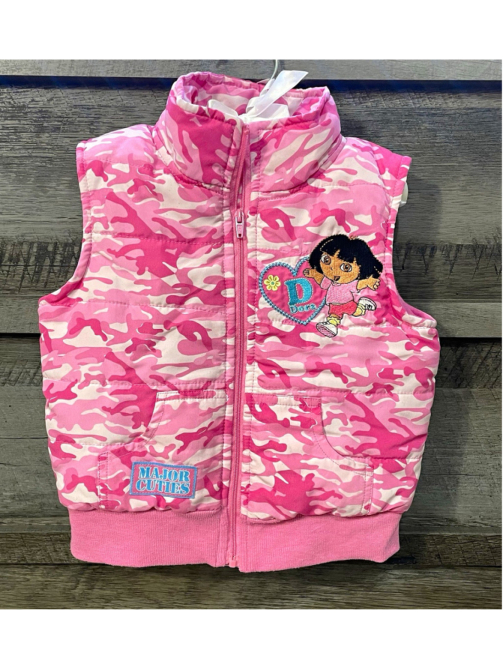 Vintage Nick Jr. Dora The Explorer Pink Camo Puffer Full Zip Vest Girls Size 4